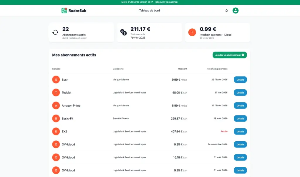 Tableau de bord utilisateur de RadarSub affichant les métriques et le coût mensuel des abonnements