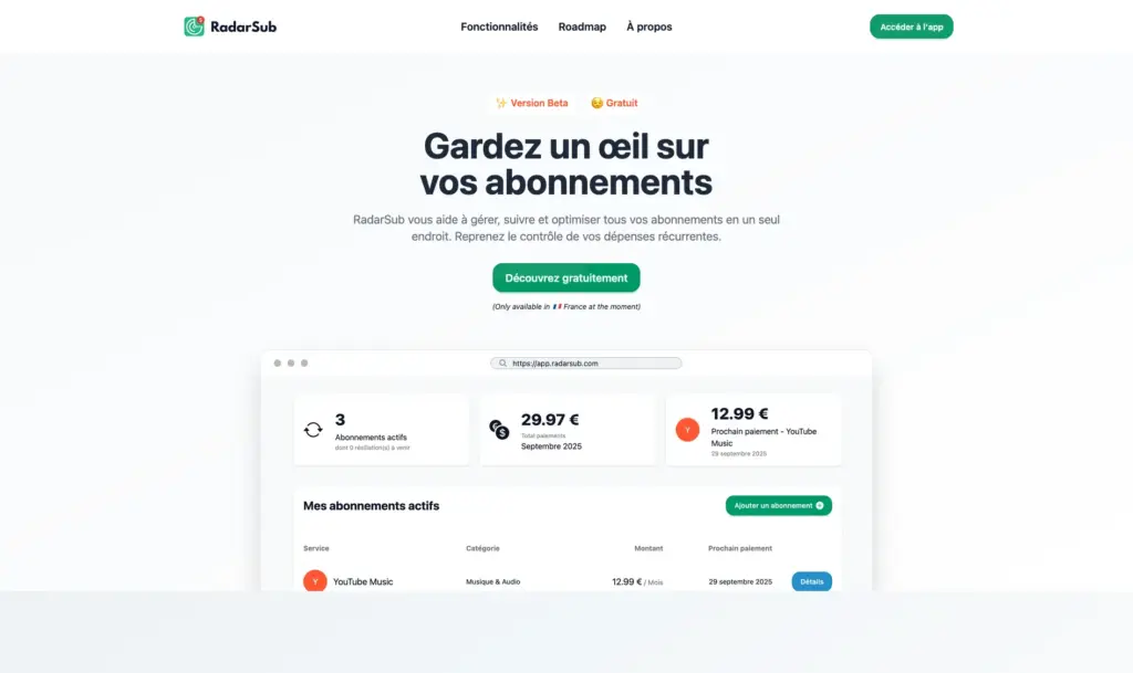 Page d'accueil de RadarSub, application SaaS de suivi d'abonnements récurrents développée en 30 jours