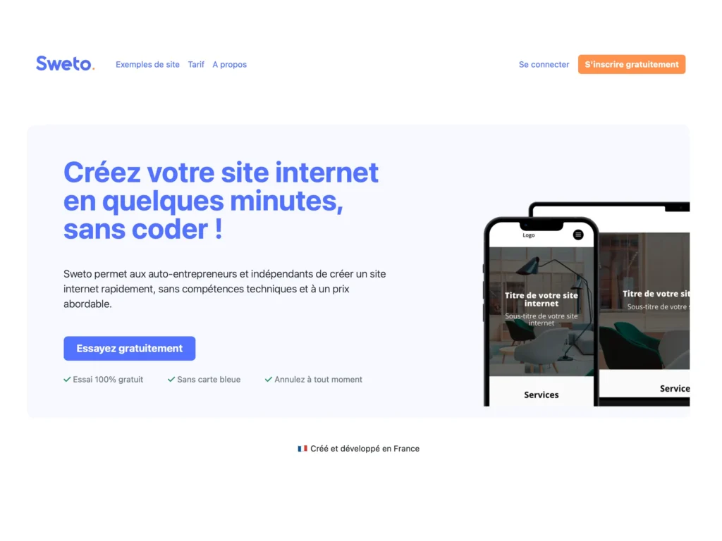 Capture du site internet Sweto, application SaaS de création de sites internet automatisés pour auto-entrepreneurs.