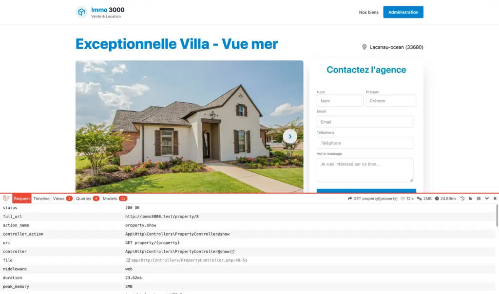 Design d'une annonce d'un site d'agence immobilière moderne conçu avec Laravel pour l'apprentissage du framework
