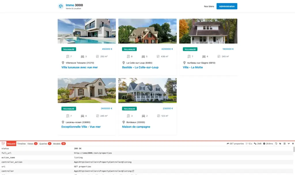 Design d'un site d'agence immobilière moderne conçu avec Laravel pour l'apprentissage du framework