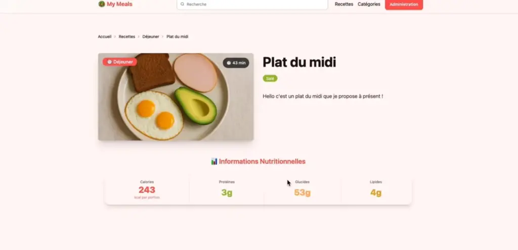 Interface d'un blog de recettes de cuisine développé avec le framework PHP Laravel