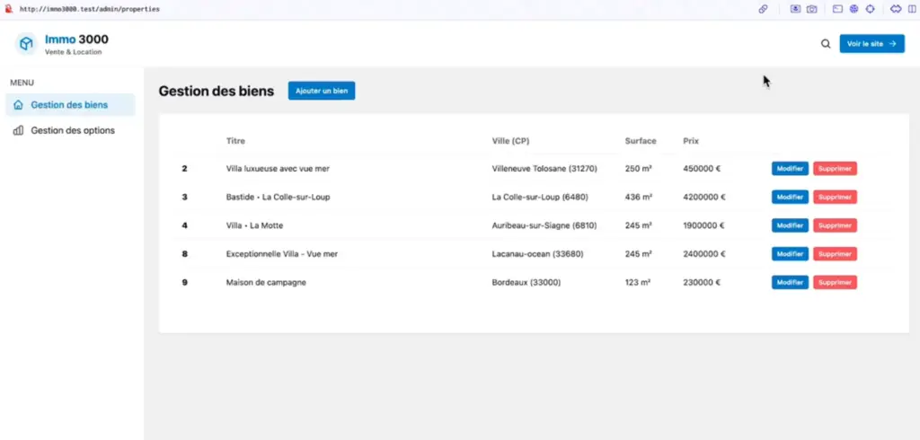 Interface d'administration personnalisée pour la gestion de biens immobiliers développée avec Laravel